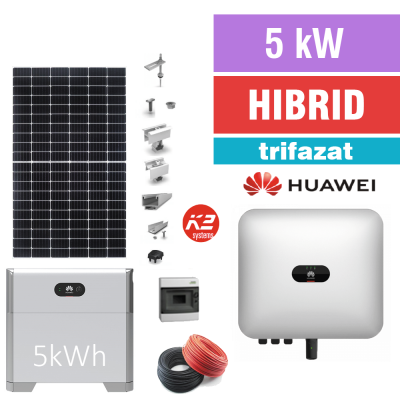 Kit complet sistem fotovoltaic HIBRID, invertor 5 kW, trifazat, baterie 5kWh